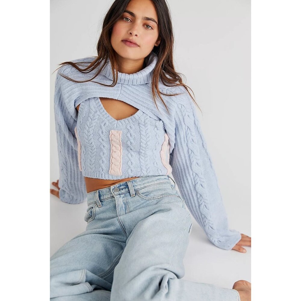 For Love & Lemons Blue & Pink Cable Knit 2-Piece Set Cropped Tank & Shrug XS/S - Picture 2 of 16